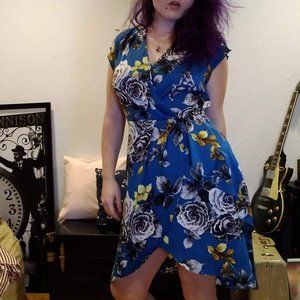 Deep Blue Floral Faux Wrap Silky Dress